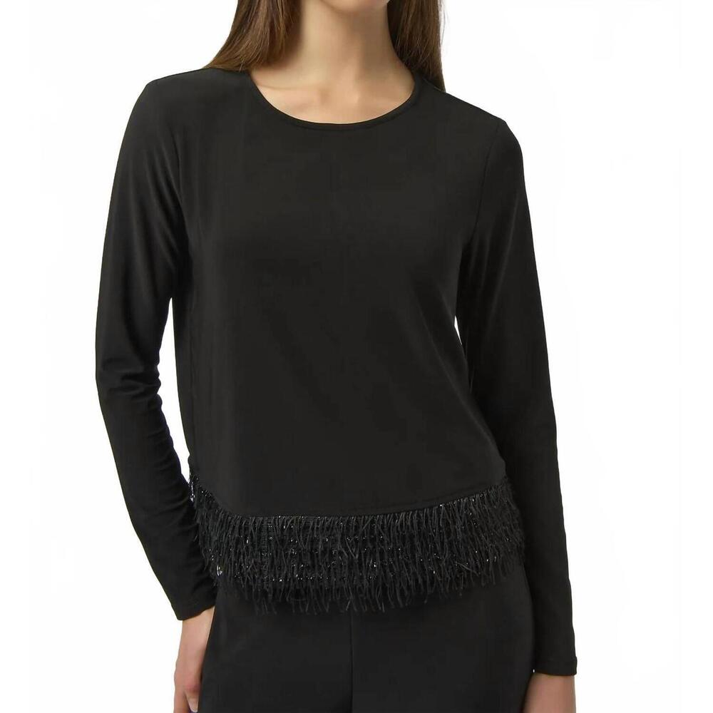 NEW JOSEPH RIBKOFF scoop neck fringe hem long sleeves top in black